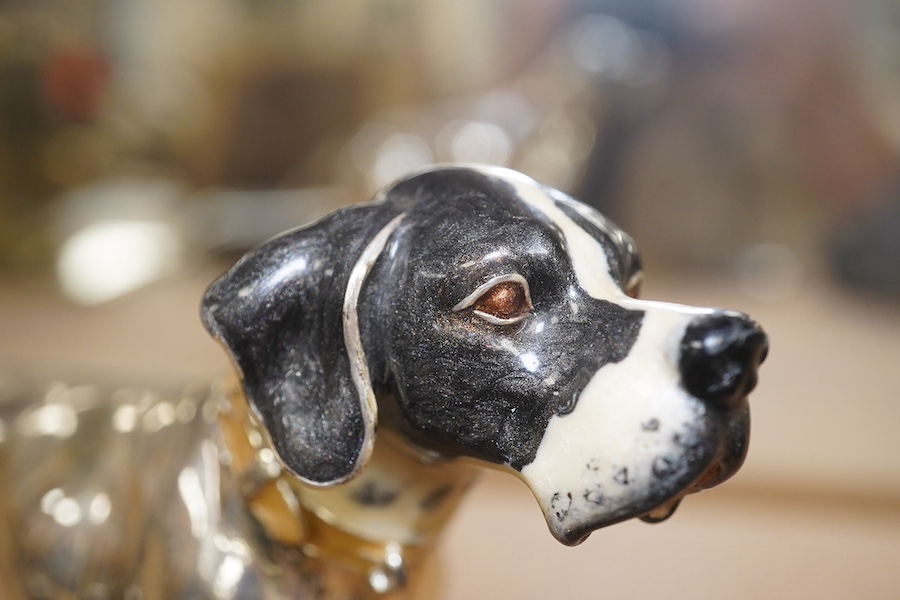 An enamelled silver plated model of a hound, tortoiseshell cigar case and watercolour miniature of a lady, largest 14cm wide. Condition - fair to good